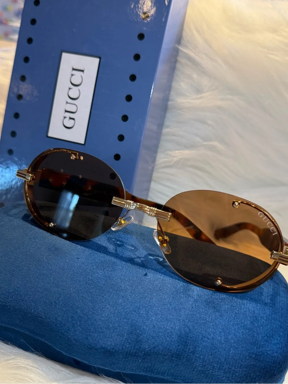 Gucci Brown Rimless Oval Sunglasses with Gold Accents